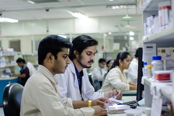Indian scientists in white coats work in a laboratory, scientific work and the importance of research, facility medical man.