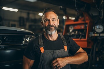 Smiling portrait of a middle aged Caucasian car mechanic