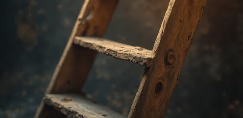 A wooden ladder leaning against a dark blue wall