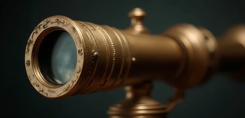 A close up of a brass telescope on a black background