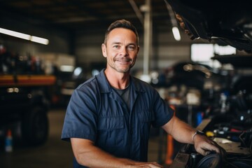Obraz premium Smiling portrait of a middle aged Caucasian car mechanic