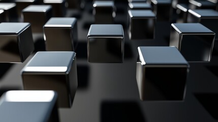 Fototapeta premium Rows of staggered chrome cubes floating in mid-air, casting perfectly aligned shadows onto a matte black background, giving an ultra-modern 3D effect.