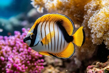 Obraz premium Diver swimming alongside a colorful school of fish, surrounded by coral in a serene underwater landscape