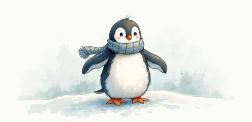 Obraz premium A penguin wearing a scarf standing on top of a snow covered ground