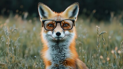 Obraz premium Sophisticated Fox in Glasses Pondering in Meadow Wildlife Portrait