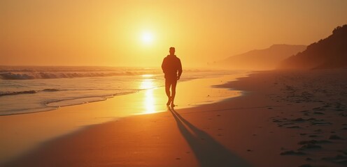A man walking on the beach at sunset
