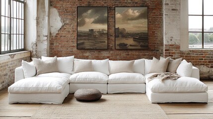 White sectional sofa in modern living room with brick wall and two framed landscape pictures.