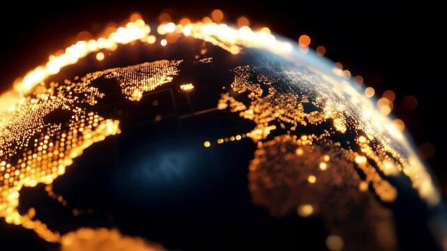 Global network lights glowing on digital Earth globe, world business connectivity, gold on black background