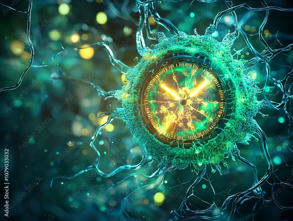 Poster glowing synthetic biological clock embedded in cell regulating metabolic processes with precision
