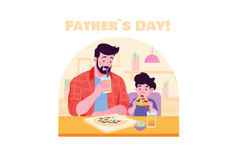A joyful scene depicting a father and son enjoying pizza and drinks together for Fathers Day. Vector illustration