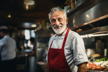 Fototapeta premium Smiling portrait of a senior Italian chef working in kitchen