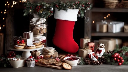 A red stocking filled with treats sits on a table surrounded by Christmas decorations