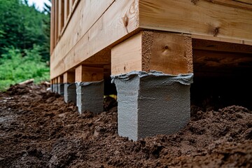 Obraz premium Foundations of a sturdy cabin rise above the forest floor in late afternoon light. Generative AI