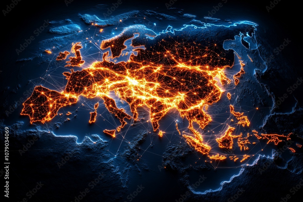 Poster Global network visualized with lines connecting major cities across a night-time map
