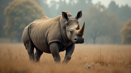 Obraz premium A rhino walking through a field of tall grass