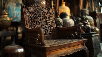Close-up of an intricately carved wooden chair with ornate details and a worn finish, surrounded by other antique objects in a shop or market setting.