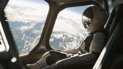 Tranquil Astronaut Floating in Spacecraft Admiring Earth View - Ultra-Detailed 3D Render Digital Artwork Illustrating Serene Space Exploration Ambiance