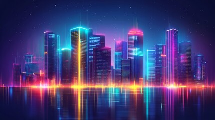 Naklejka premium Futuristic City with Neon Lights and Sleek Modern Architecture