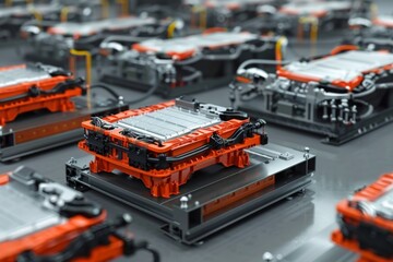 Fototapeta premium Mass production of a assembly line of electric car battery