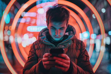 A person is holding a cell phone and looking at a screen with a lot of people on it. Concept of connection and community.