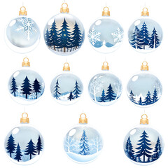 Christmas balls set with winter trees on a transparent background