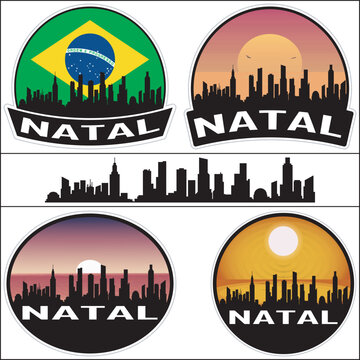 Natal Skyline Brazil Flag Cityscape Silhouette Travel Souvenir Sticker Sunset Isolated Vector