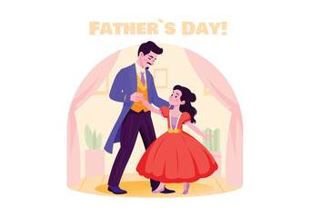 A father and daughter dance together joyfully in a celebratory setting. The girl wears a lovely red dress while the father is elegantly dressed. Vector illustration