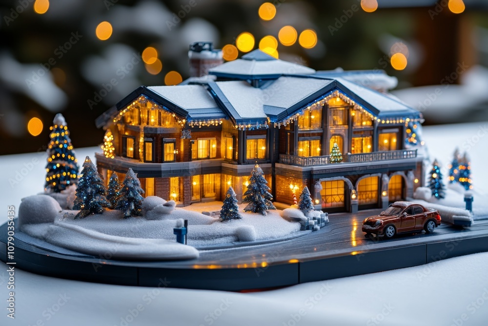 Poster intricate christmas light display synchronized with music, showing a house fully lit up with holiday