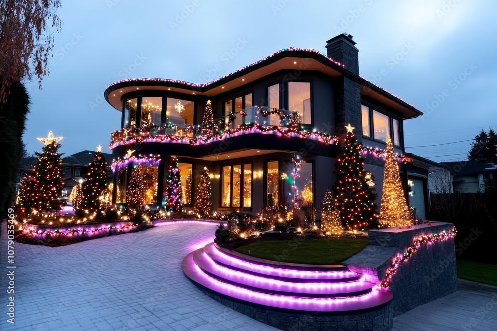Poster intricate christmas light display synchronized with music, showing a house fully lit up with holiday