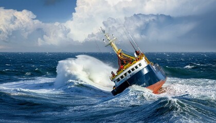 태풍으로 인해 흔들리는 배와 거센 파도