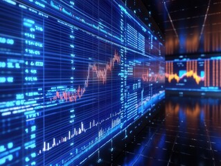Concept of stock market and fintech forex concept. Blurry blue digital charts over dark blue background. Futuristic financial interface. 3d render illustration.