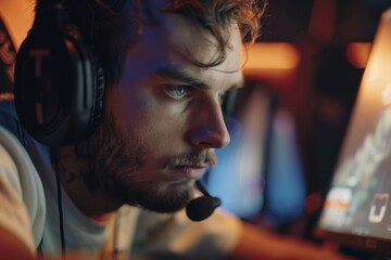 Focused gamer competing in esports tournament