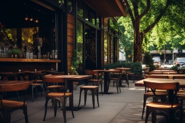 Obraz premium Exterior of a restaurant with wooden tables