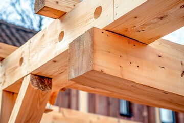 Crafting a wooden structure with precision beams in a rustic workshop. Generative AI