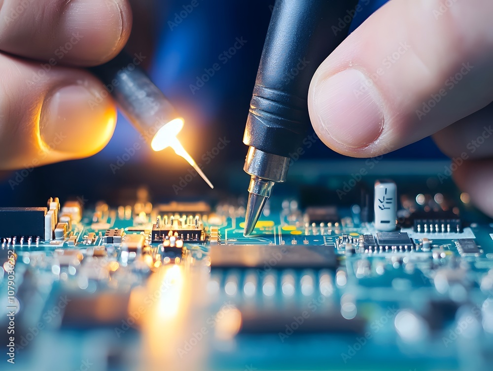 Poster Close-Up of a Technician Soldering Components on a Circuit Board with Precision Tools, Focus on Detailed Electronics Work in a Workshop Environment