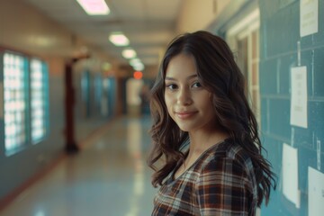 Fototapeta premium Confident Hispanic female high school student standing in hallway