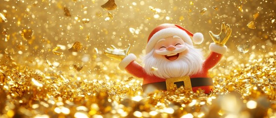 A smiling santa with a red suit and gold coins around him