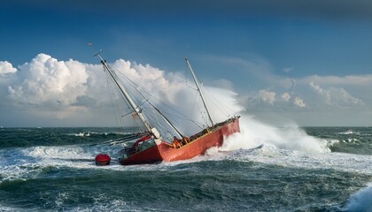 Obraz premium 태풍으로 인해 흔들리는 배와 거센 파도