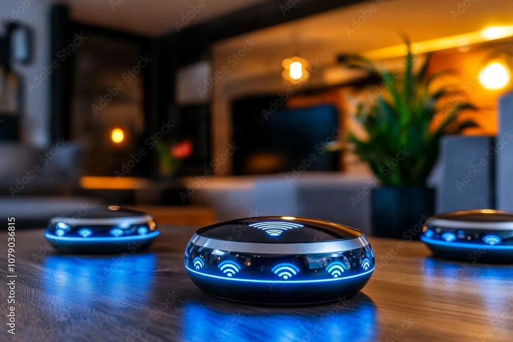 Poster Multiple devices connected via Wi-Fi, showing a cohesive network in a modern home environment