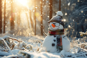 Obraz premium Snowman in sunglasses, with a scarf, a carrot instead of a nose, with a hat on his head in the morning winter forest.