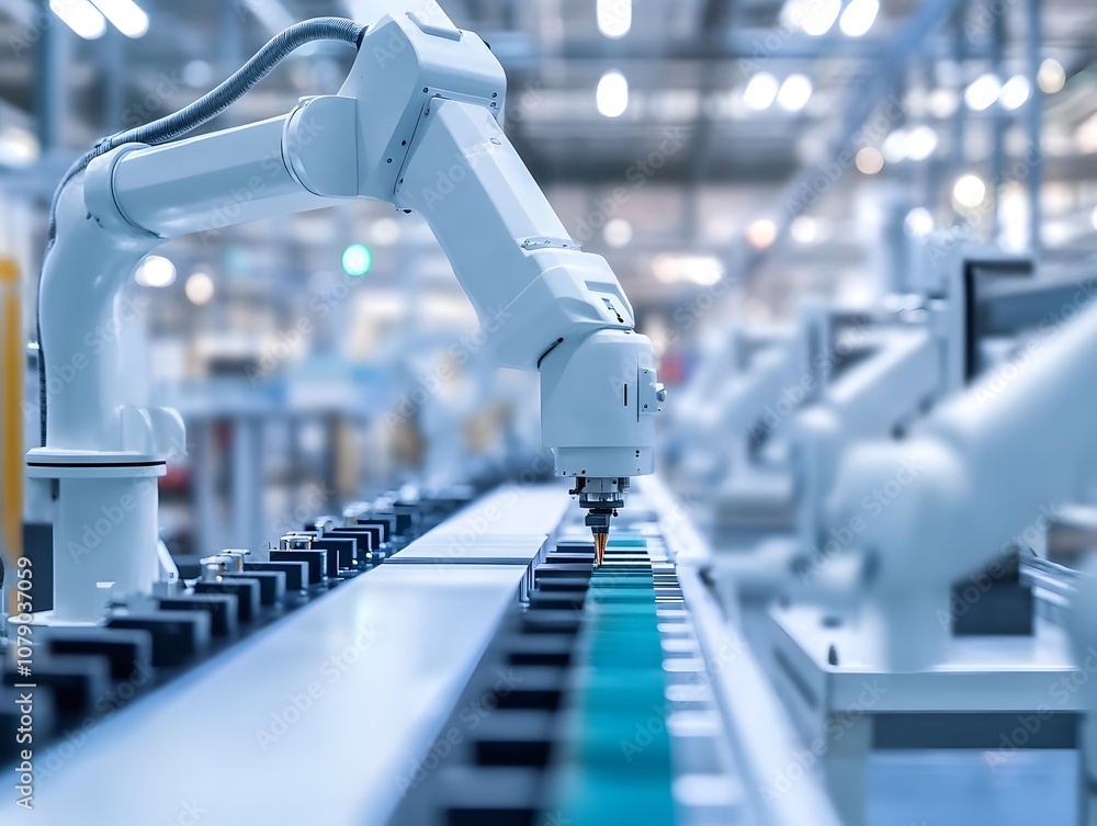 Poster advanced industrial robot arm performing automated precision tasks in a modern manufacturing facilit