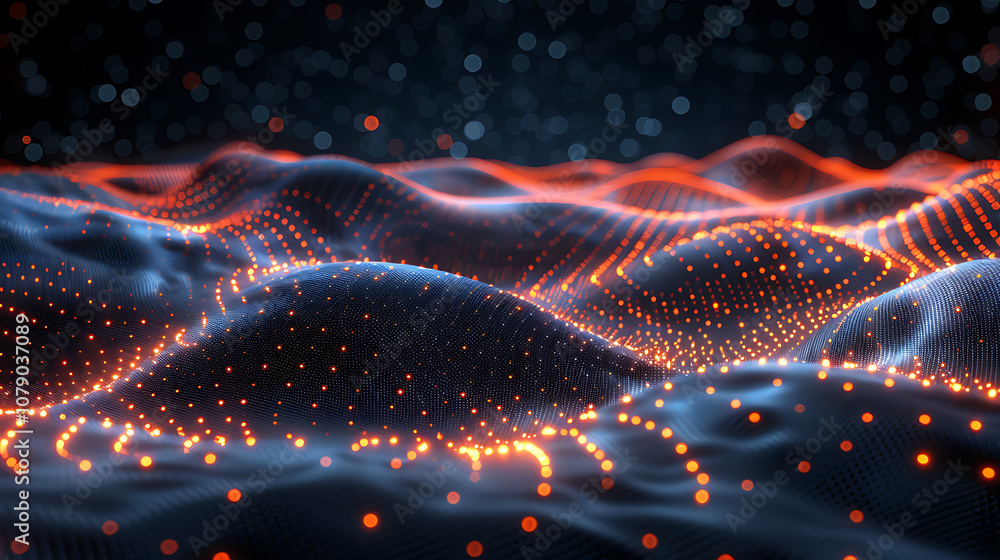 Wall mural dark abstract background with glowing wave design element of shiny moving lines.high quality photo