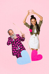 Composite trend artwork 3D sketch image photo collage of valentine love feeling heart like aged man cupid hand hold bow arrow run fly sky
