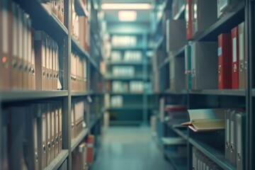 Fototapeta premium Blurred office shelves with binders and files