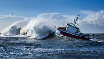 태풍으로 인해 흔들리는 배와 거센 파도