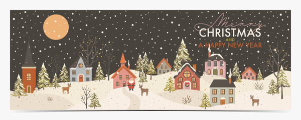 Merry Christmas - peaceful winter Santa Claus village, little colorful houses, Santa Claus, trees, reindeers and snowmen in the snowy surroundings, colorful text, vector illustration
