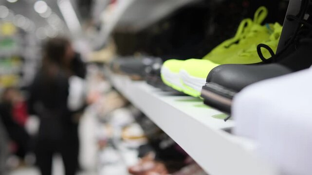 Row of Shoes on Store Shelf with Neon Green Sneakers and Black Boots in Focus, with Blurred Background of Shoppers in a Busy Footwear Retail Display