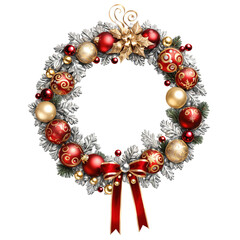 Gold and red Christmas wreath with silver accents on transparent background