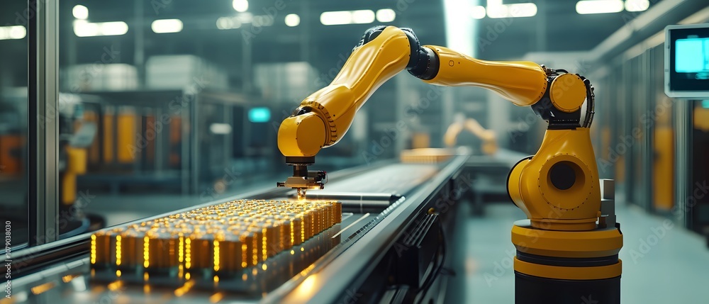 Poster advanced industrial robotic arm performing precision tasks in a modern automated factory with effici