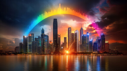 Obraz premium vibrant city skyline at night, illuminated by colorful lights and rainbow arc, reflecting on water. scene captures energy and beauty of urban life